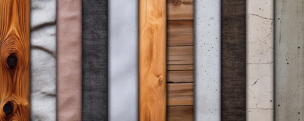Collection of various material samples presenting textures of wood, fabric, concrete and planks