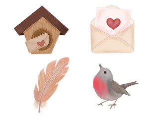 Valentine's Day set, Valentine's Day stickers, Valentine's Day set isolated on transparent background. February 14.Hand drawn illustration.