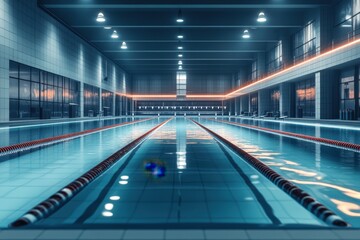 Fototapeta premium A serene indoor swimming pool with illuminated lanes reflecting on water's surface.