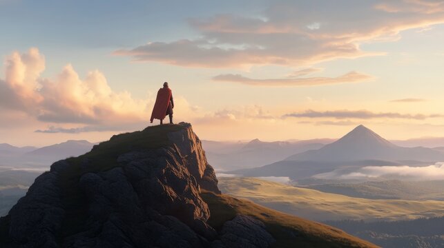 Lone figure in red cape stands atop mountain peak at sunset, overlooking vast valley and distant volcanoes.