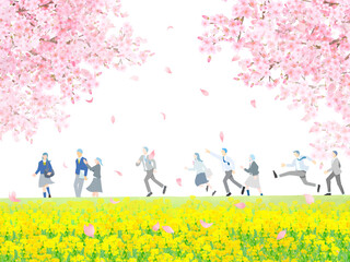 桜の木と土手沿いを歩く学生男女ー横顔ー全身ー卒業入学ー人物シンプルベクターイラスト白バック背景素材