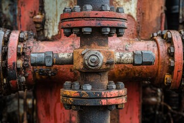 Close-up view of oil extraction machinery showcasing pipes and fittings used in well production