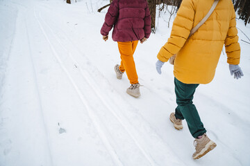 A group of people is walking leisurely through the thick snow, enjoying the winter scenery all...