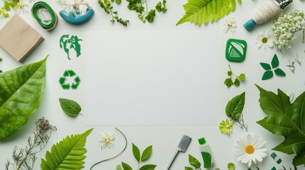 A flat lay featuring various green leaves, plants, and eco-friendly items, emphasizing sustainability and nature.
