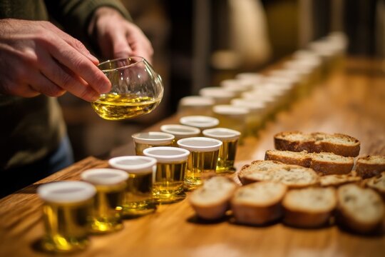 Sommelier engages in olive oil tasting with tasting cups and bread slices for an immersive experience