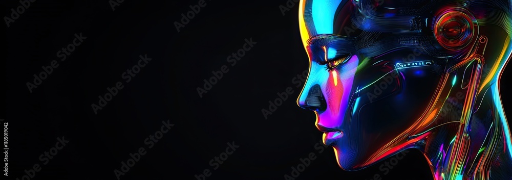 Poster a digital illustration of a robot with a human face, representing an ai with a cybernetic body in an