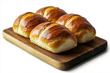 Naklejka premium Three loaves of bread on a wooden cutting board on a white background