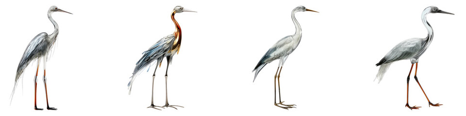 Obraz premium Glass bird with long neck and legs isolated on transparent background, Set of