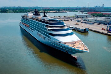 Fototapeta premium Luxury cruise ship docked at a bustling harbor on a sunny day, ready for adventure