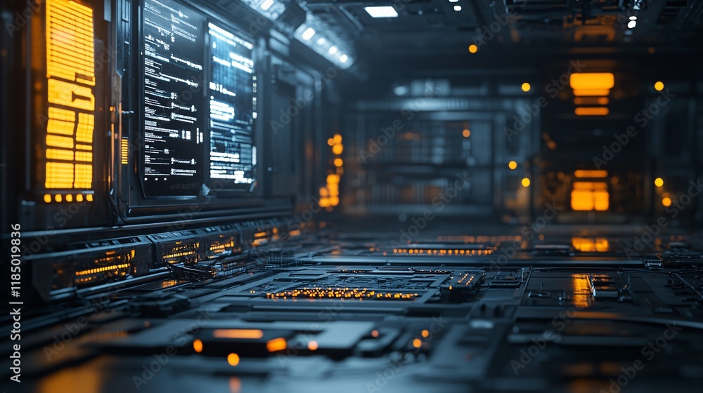 Aufkleber Futuristic server room showing running diagnostics on multiple screens