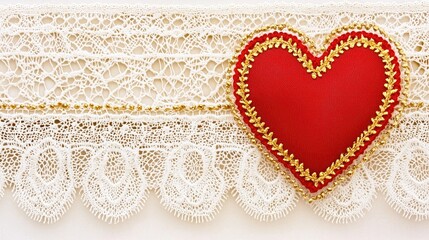 A decorative lace trim with a red heart embellishment, perfect for crafts or romantic themes.