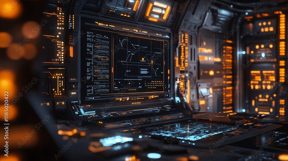 Aufkleber Futuristic spaceship cockpit showing programming code on monitor and keyboard