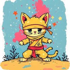 Adorable Ninja Cat Cartoon Illustration for Kids