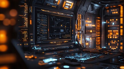 Futuristic spaceship cockpit showing programming code on monitor and keyboard