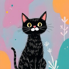 Black Cat Sitting in Colorful Floral Background Illustration