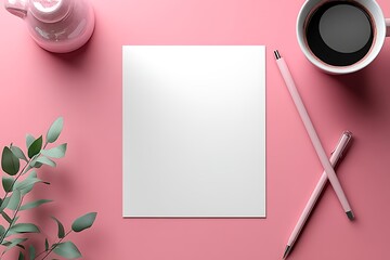 Blank paper mockup with pink accents and coffee.