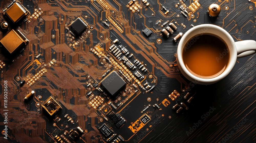 Aufkleber Coffee break for a programmer: relaxing with a cup of coffee on a circuit board