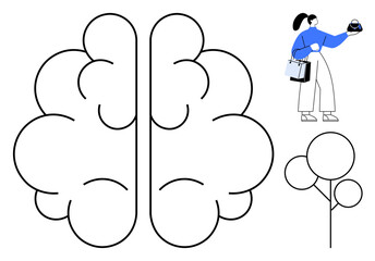 Woman in blue shirt holding plant pot, shopping bags in hand, facing abstract brain shape and simplistic tree outline. Ideal for personal growth, creativity, self-awareness, environmental