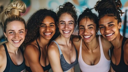 Fototapeta premium A group of young women posing indoors in sportswear, demonstrating happiness.