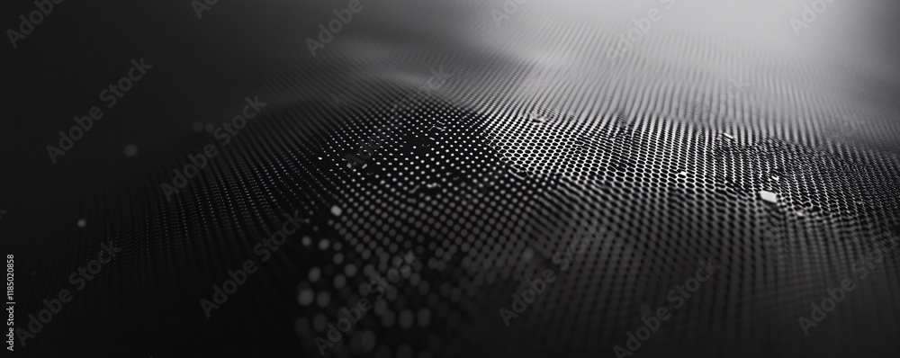 Poster Abstract black wavy surface with shining dots creating digital terrain