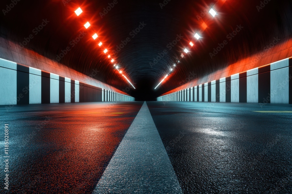 Poster mysterious tunnel with red and white lighting creating dramatic reflections on wet pavement.