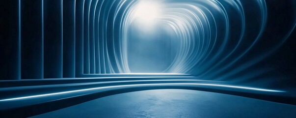 Fototapeta premium Futuristic empty stage with blue glowing neon lights in a concrete tunnel corridor