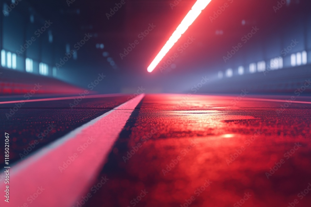 Poster a dramatic low-angle view of a futuristic hallway illuminated by red light, creating a moody atmosph