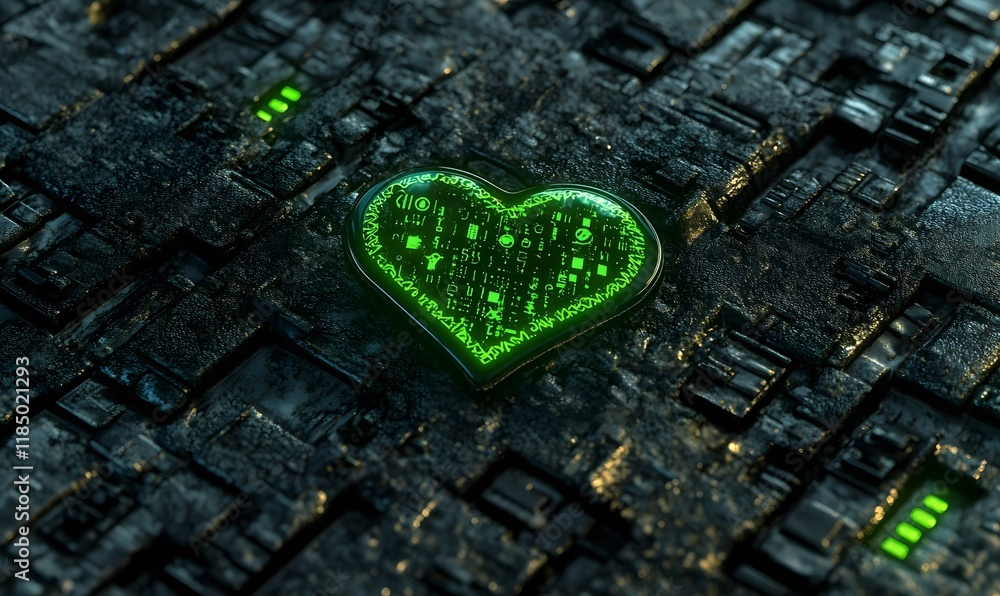 Poster green glowing heart with binary code on dark tech surface.
