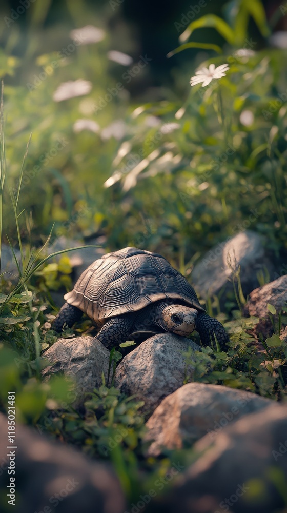 Poster a close-up of a tortoise slowly navigating through rocks and greenery in a serene natural setting.