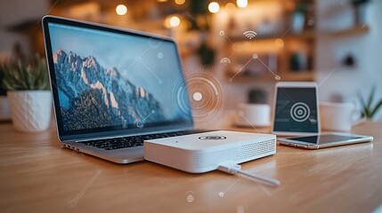 Modern Tech Setup: Laptop, Router, and Mobile Devices in a Cozy Cafe