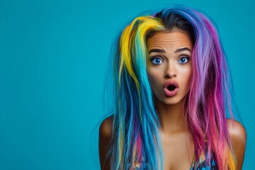 Fototapeta premium Attractive very amazed mixed-race girl - for ads, billboard and internet marketing use. Commercial promotion design idea. Long trim - multicolored hair. Black woman style. Black woman glamour.