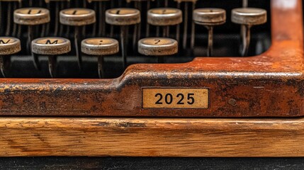 An antique typewriter showcasing its vintage keys and a visible number tag.