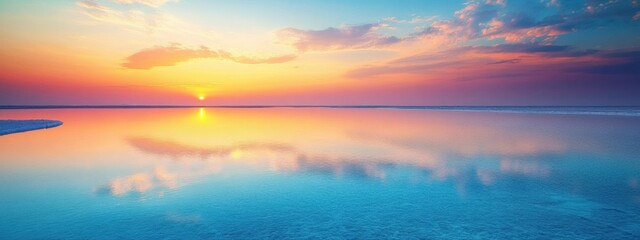 Obraz premium A surreal view of the Dead Sea salt flats under a kaleidoscope of colors during sunset, Geological scene, Surreal style