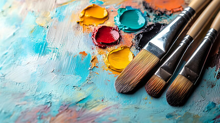 Fototapeta premium wooden palette with different colorful blobs of paint and brushes on white background, an excellent image for demonstrating essential art tools, paint supplies, and creative painting 