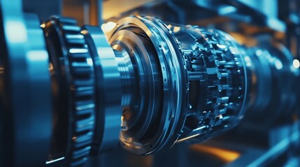 Fototapeta premium Complex futuristic engine rotating with gears and ball bearing in blue light
