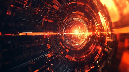 Orange wormhole traveling at warp speed in digital cyberspace
