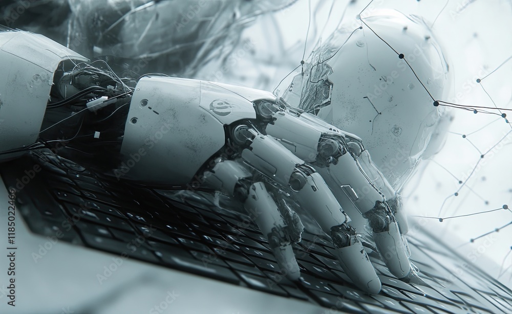 Poster a concept of network technology or a chatbot, depicted as a robot hand, hitting the enter key on a k