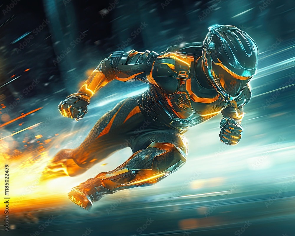 Poster a futuristic robot with neon lights glowing behind it, running swiftly
