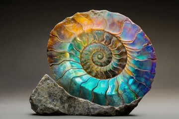 A mesmerizing iridescent ammonite fossil, showcasing vibrant colors and intricate spiral structure.