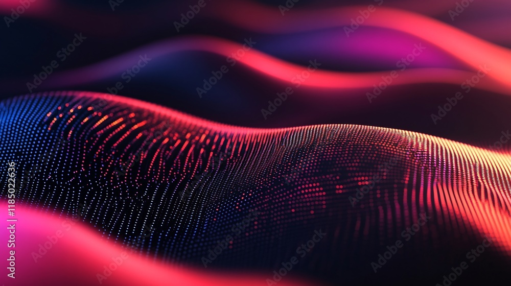 Poster abstract particles flowing, forming wavy surface with red and blue lights
