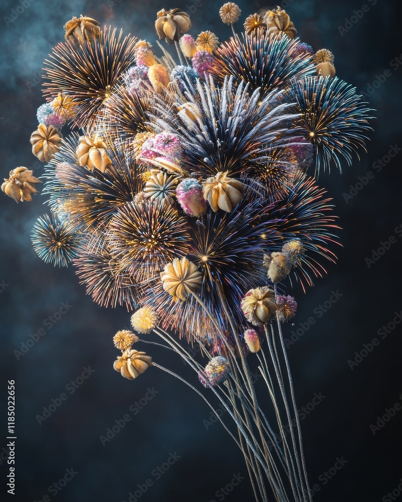 Poster colorful fireworks display with an array of vibrant bursts and shapes on a dark background.