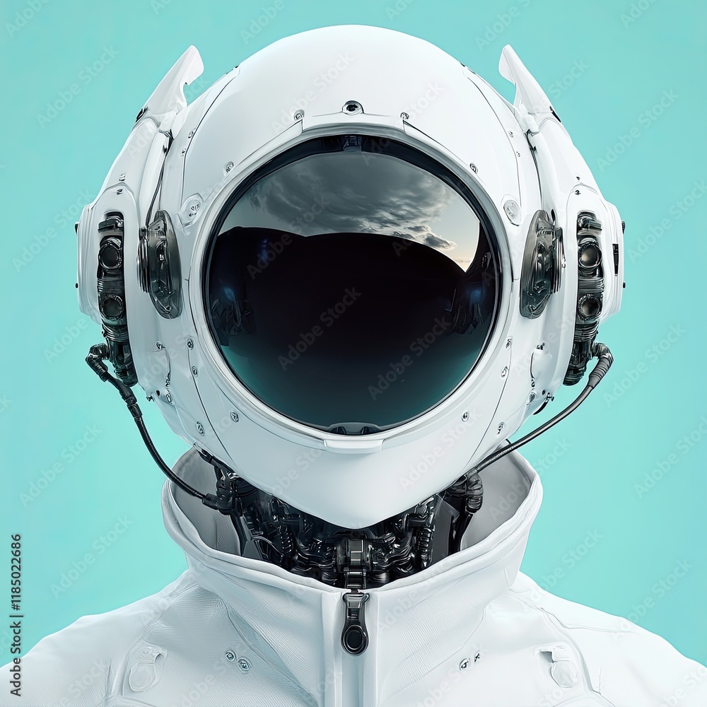 Aufkleber a tight portrait of a female android robot with a white helmet and red visor, positioned in front of