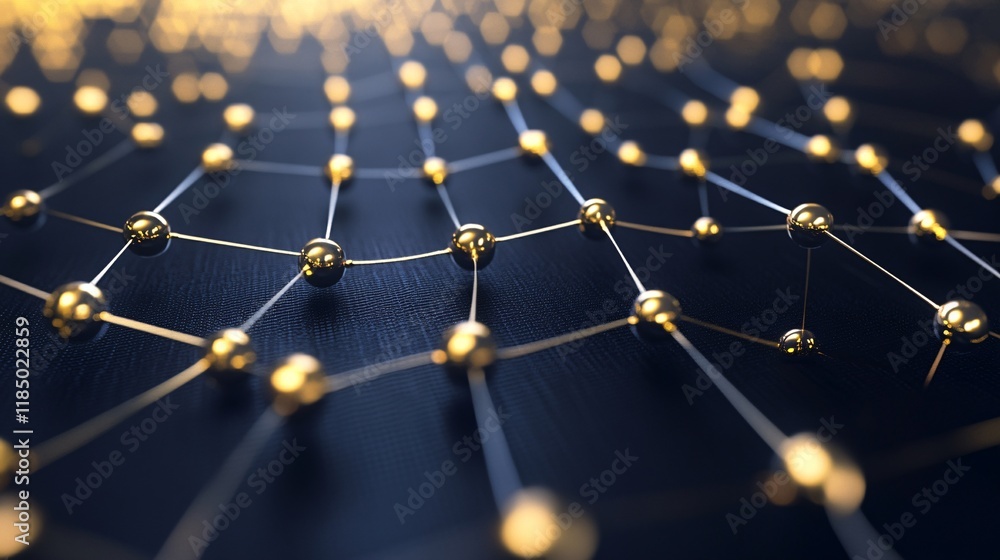 Poster Golden network nodes connecting, building complex structure on dark background