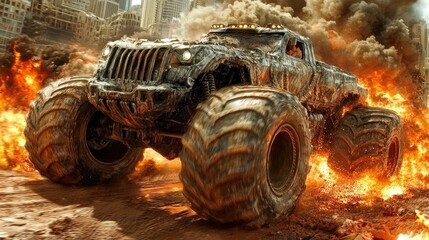Fototapeta premium Monster Truck Racing Through Fiery Urban Destruction