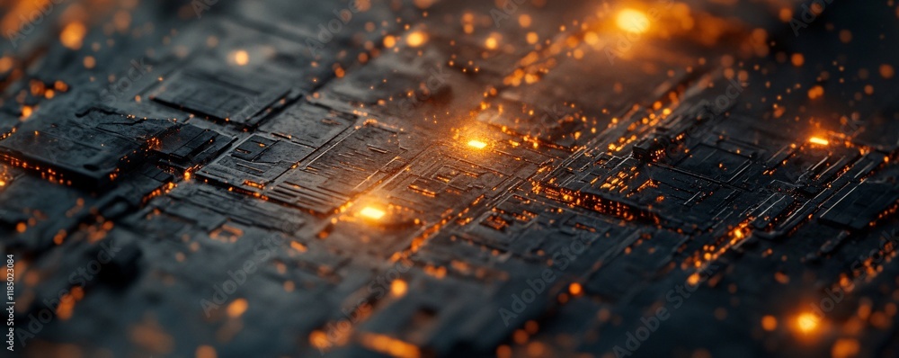 Poster Futuristic circuit board glowing with data transferring and processing