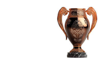 A luxurious goblet with intricate carvings and a rich golden glow, standing on a polished marble base, radiating prestige and elegance, isolated on an electrifying white background