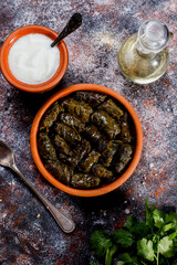 Dolma - stuffed grape leaves with rice and meat.