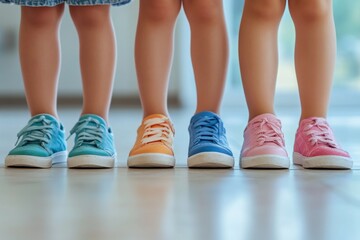 A minimalistic view of children's legs wearing colorful sneakers, standing side by side on a wooden floor