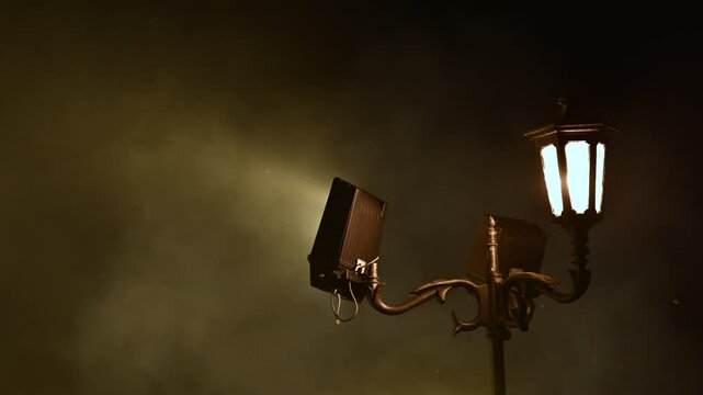 Smog ow smoke fog and street lamp post at night, 4K