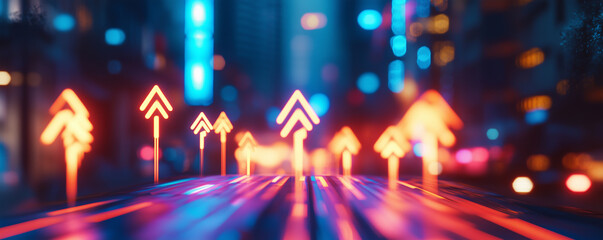 Vibrant dynamic abstract background featuring neon arrows pointing in various directions in a futuristic urban setting